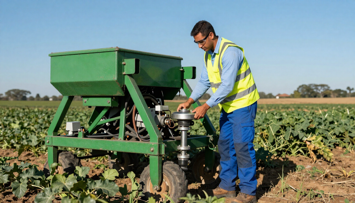 Un agricultor opera una sembradora de cultivos verdes en un campo en un día soleado.