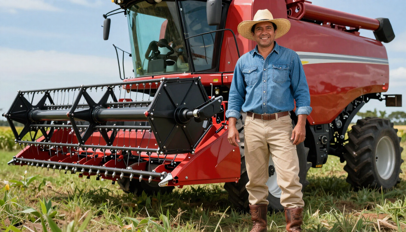 Un agricultor está de pie junto a una cosechadora roja en un campo, con un sombrero de paja y una camisa azul.
