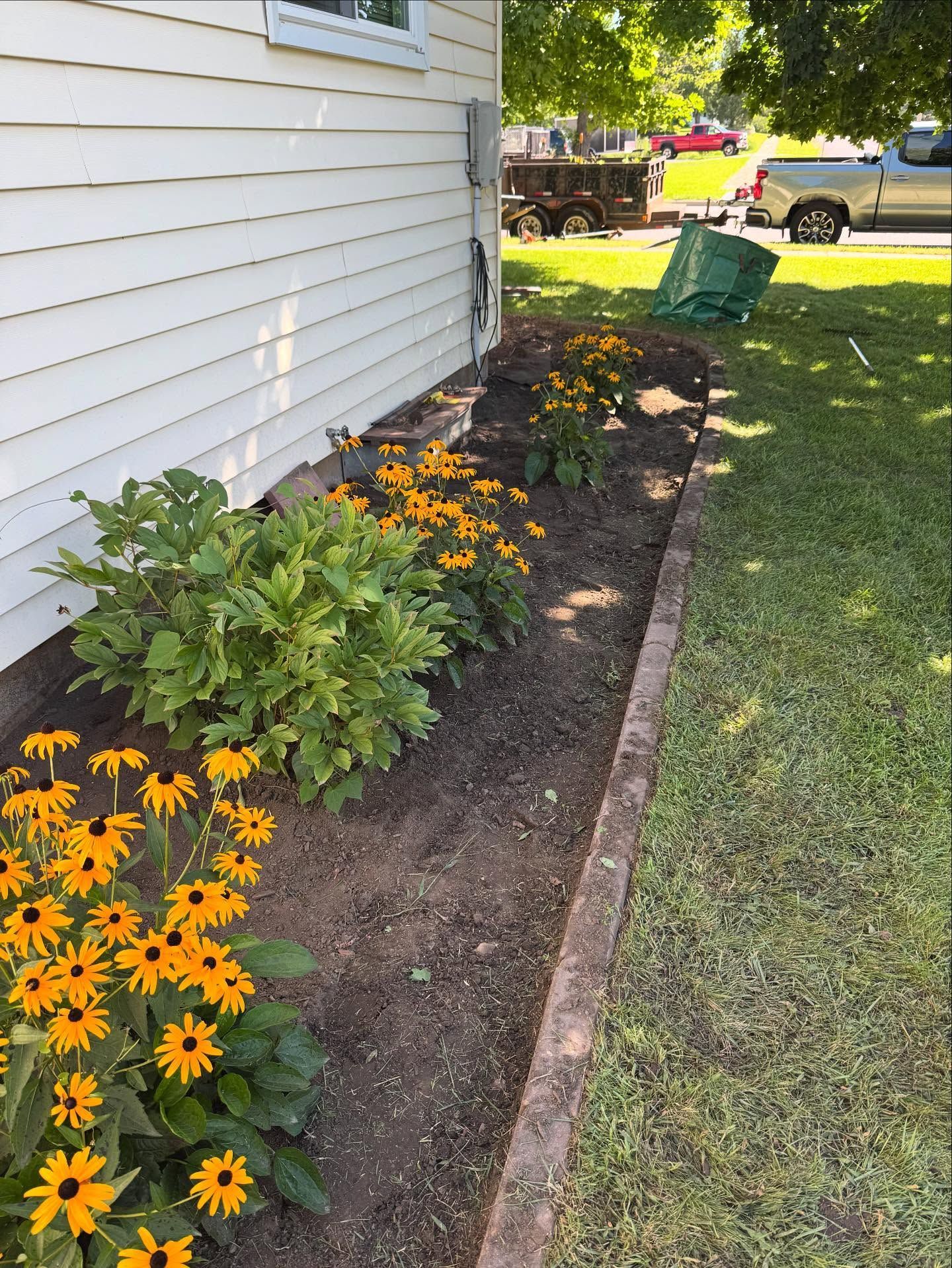 Flower bed with orange black-eyed Susans and green plants along a white house wall beside a lawn.