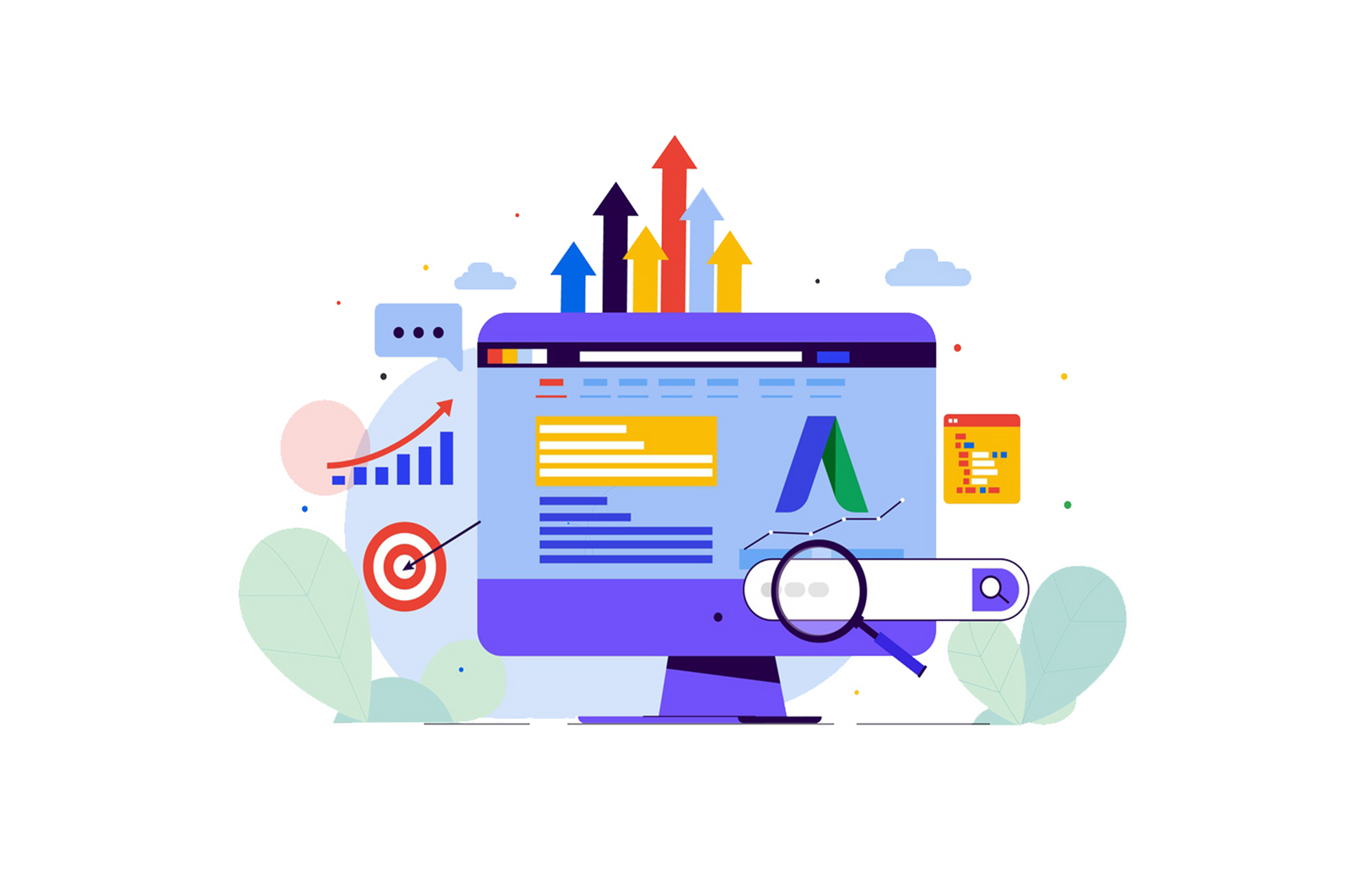 Monitor showing website and analytics with upward trending arrows.