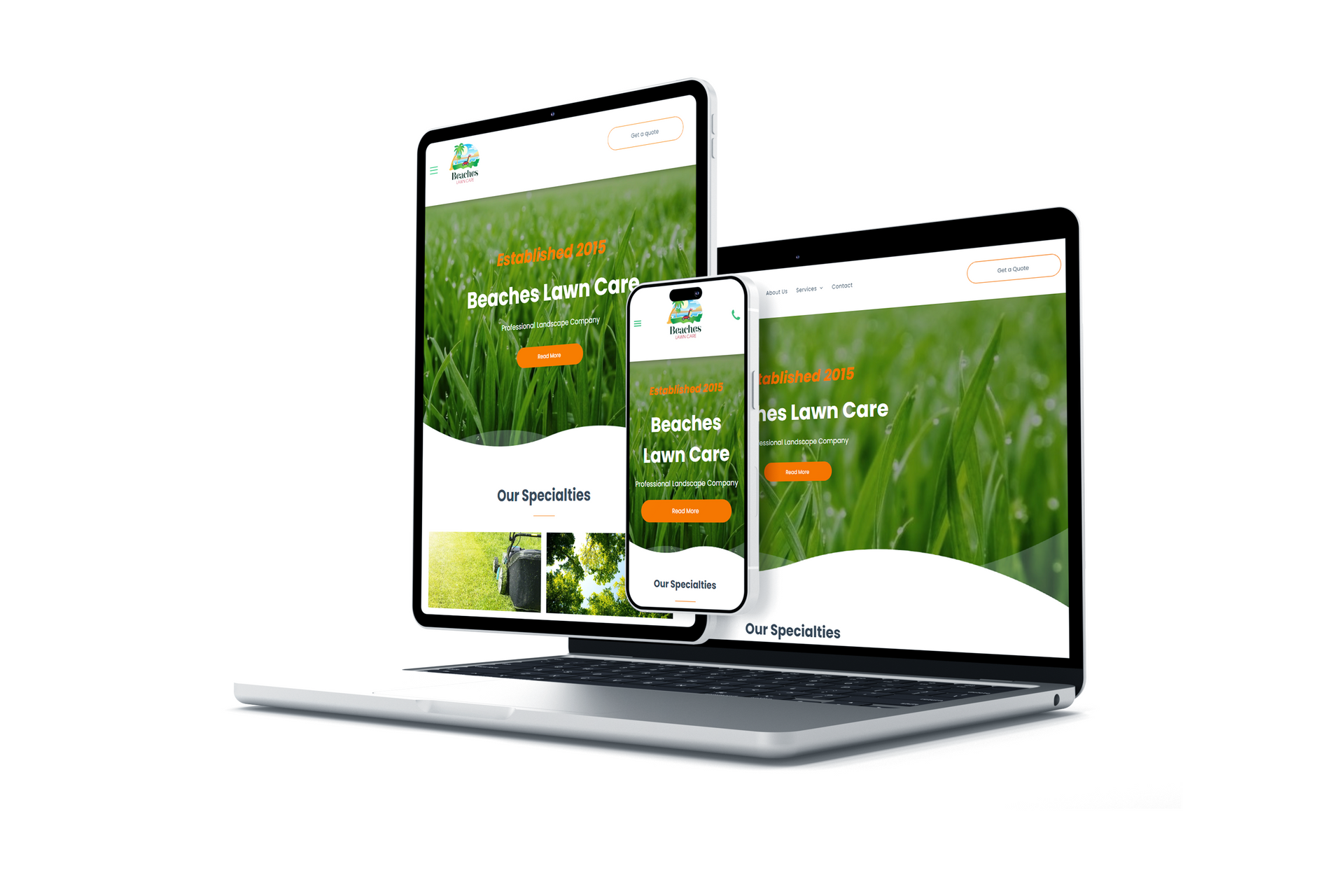 Website showcasing a lawn care service on a tablet, phone, and laptop.