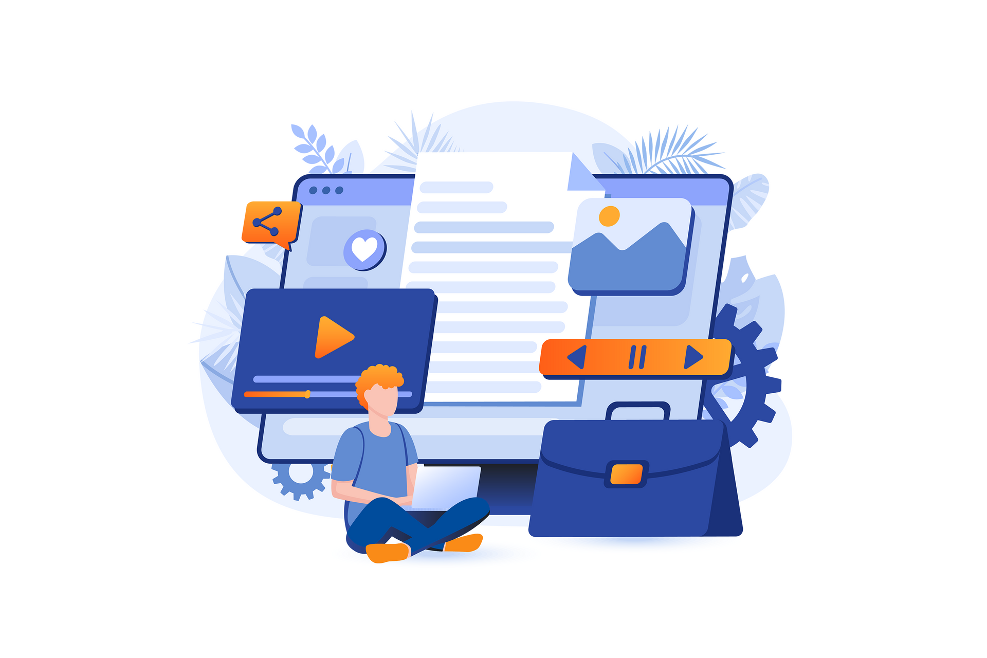 Man creating content on computer, blue, white, and orange color scheme.