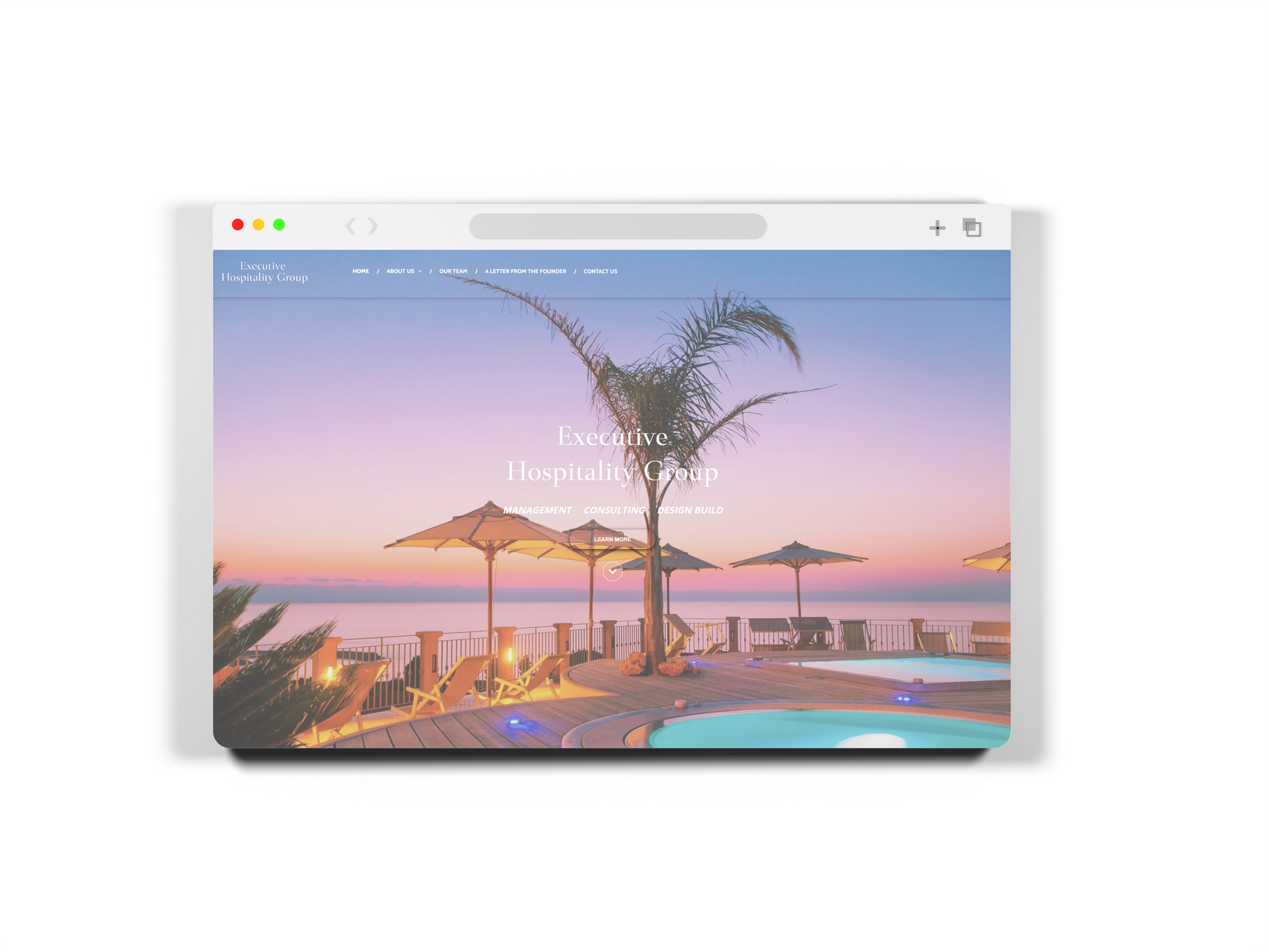 Website mockup, beach resort scene, sunset colors, text