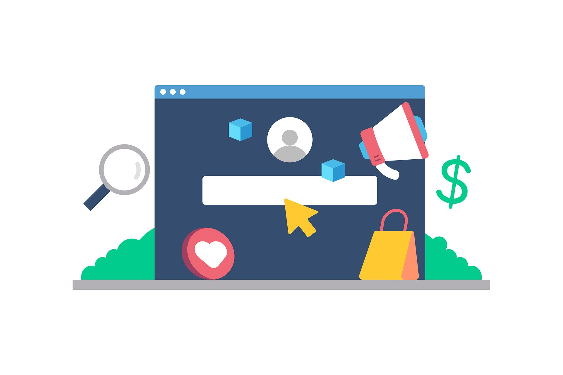 Webpage interface with search, advertising, likes, shopping, user icon, and currency elements.