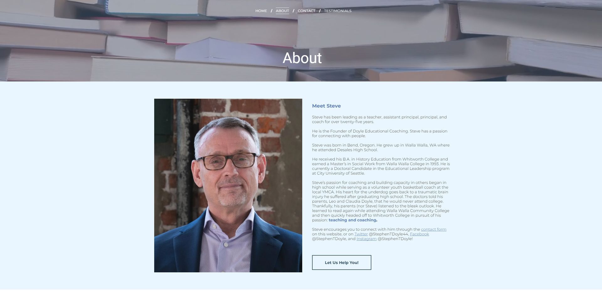 A webpage with a man's photo, glasses, with 