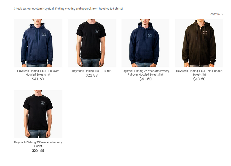Clothing display: Hoodies and t-shirts with the Haystack Fishing logo, varying in color (black and navy).