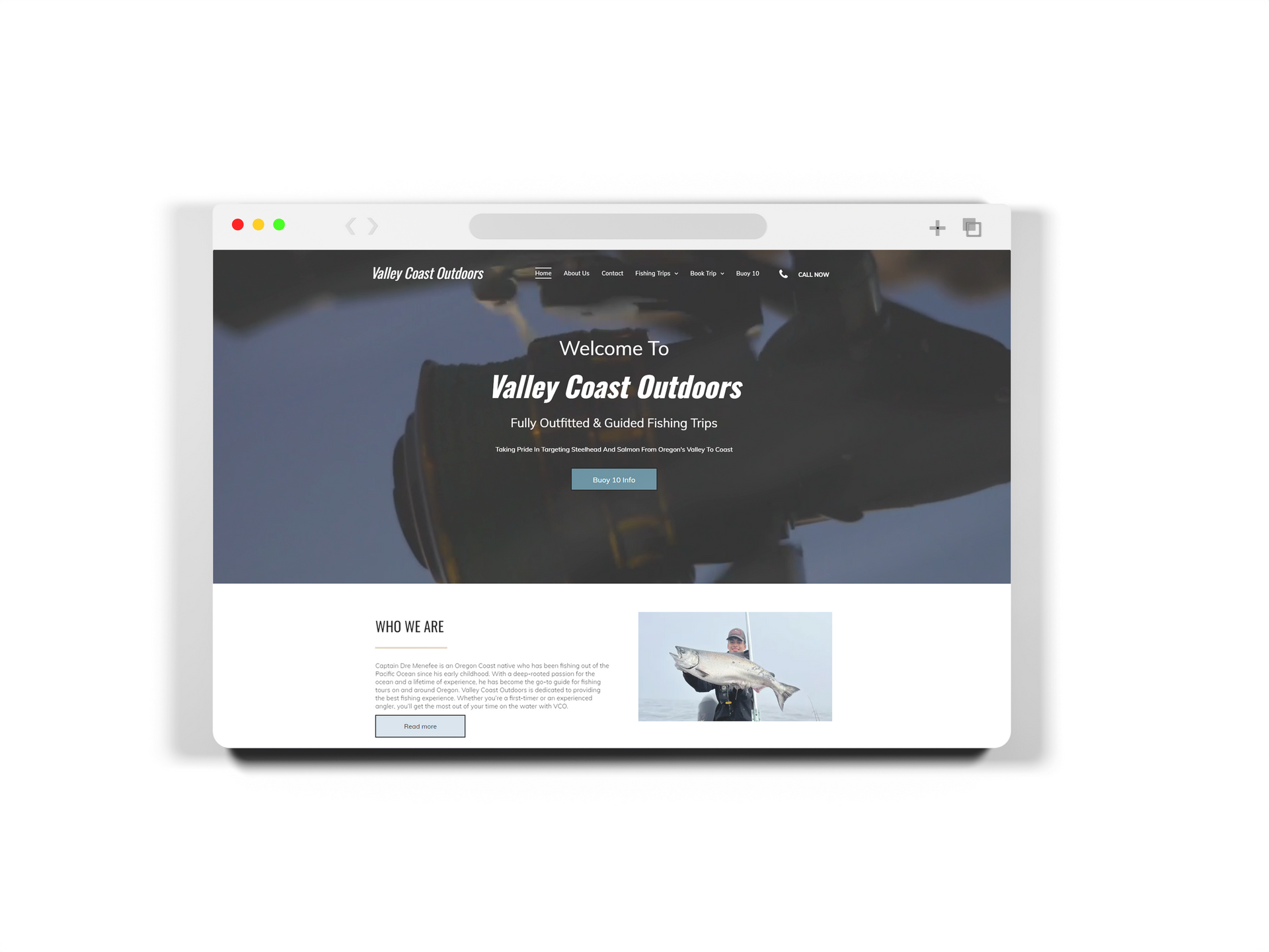 Website mockup for Zillow Coast Outboard. Dark header image with blue waters.