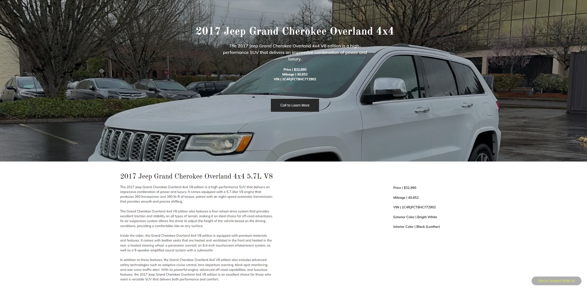 2012 White Jeep Grand Cherokee 4x4. Website displaying the car with details, and a 