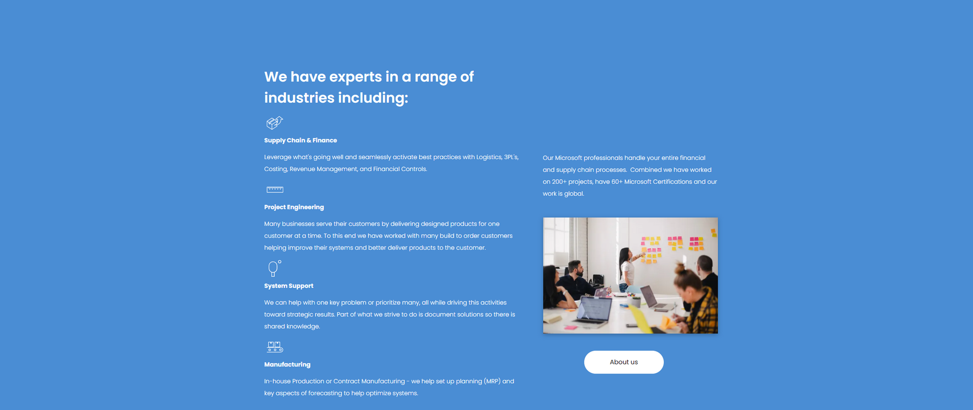 A blue webpage shows a team working, text about project management, and a 