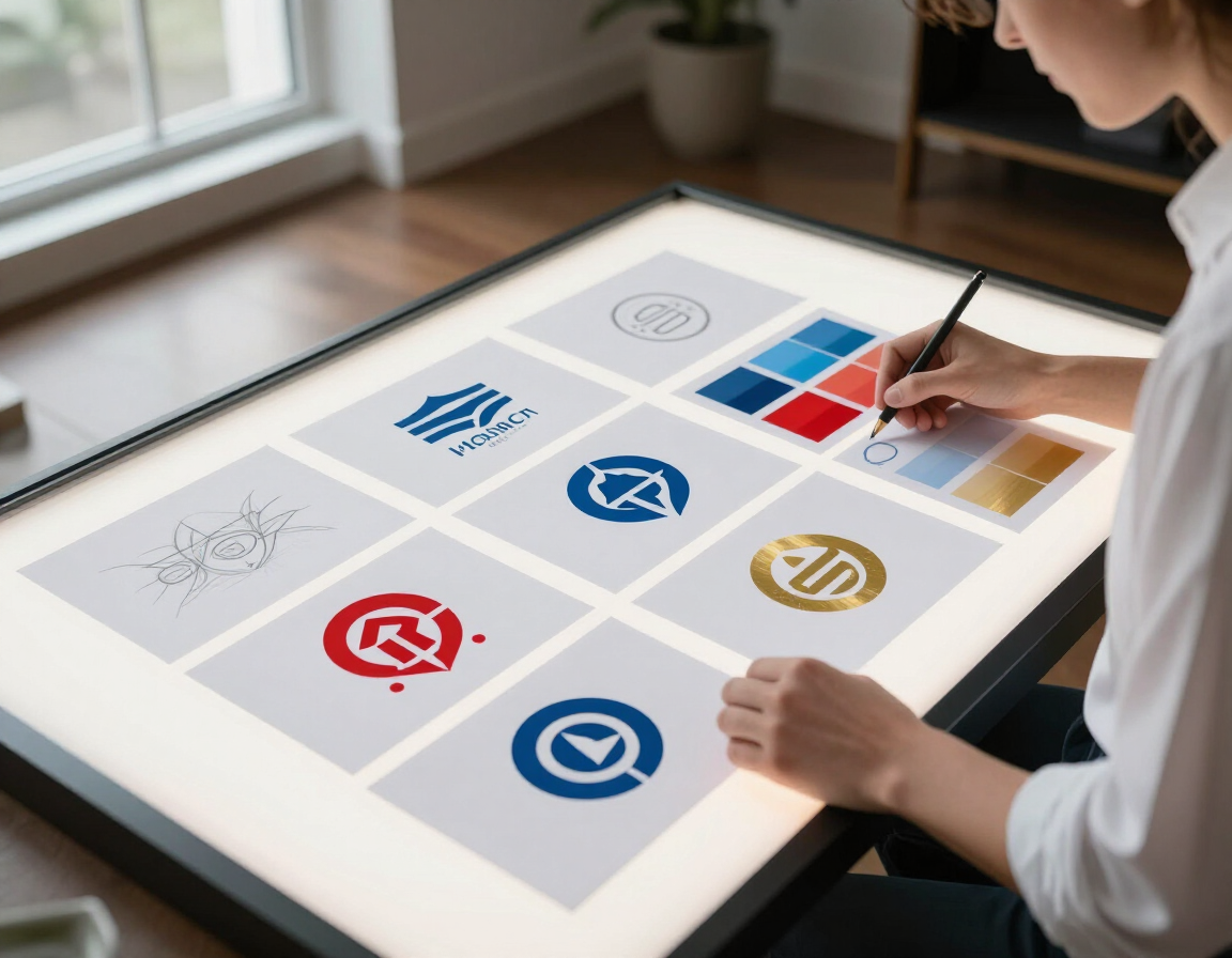 Designer reviewing logo concepts on a lightbox table