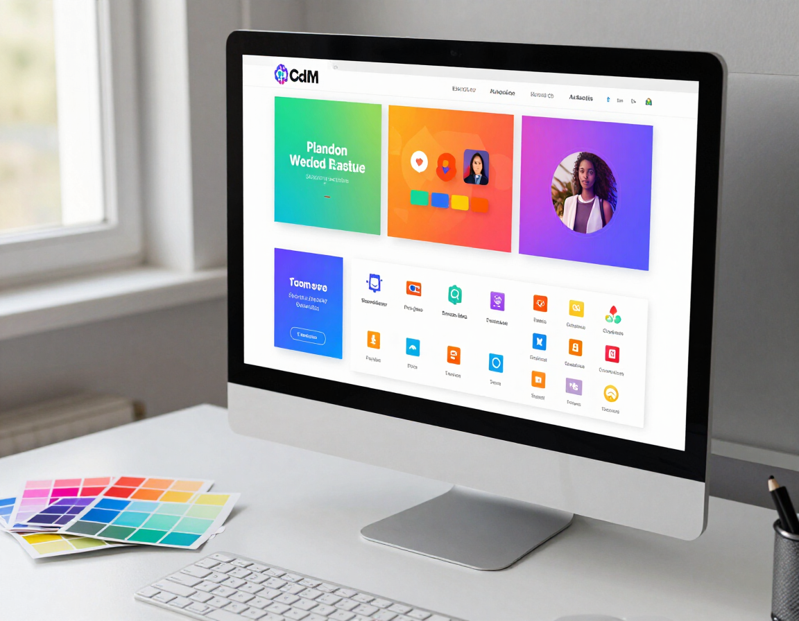 Designer workspace showing branded graphic assets on a large monitor