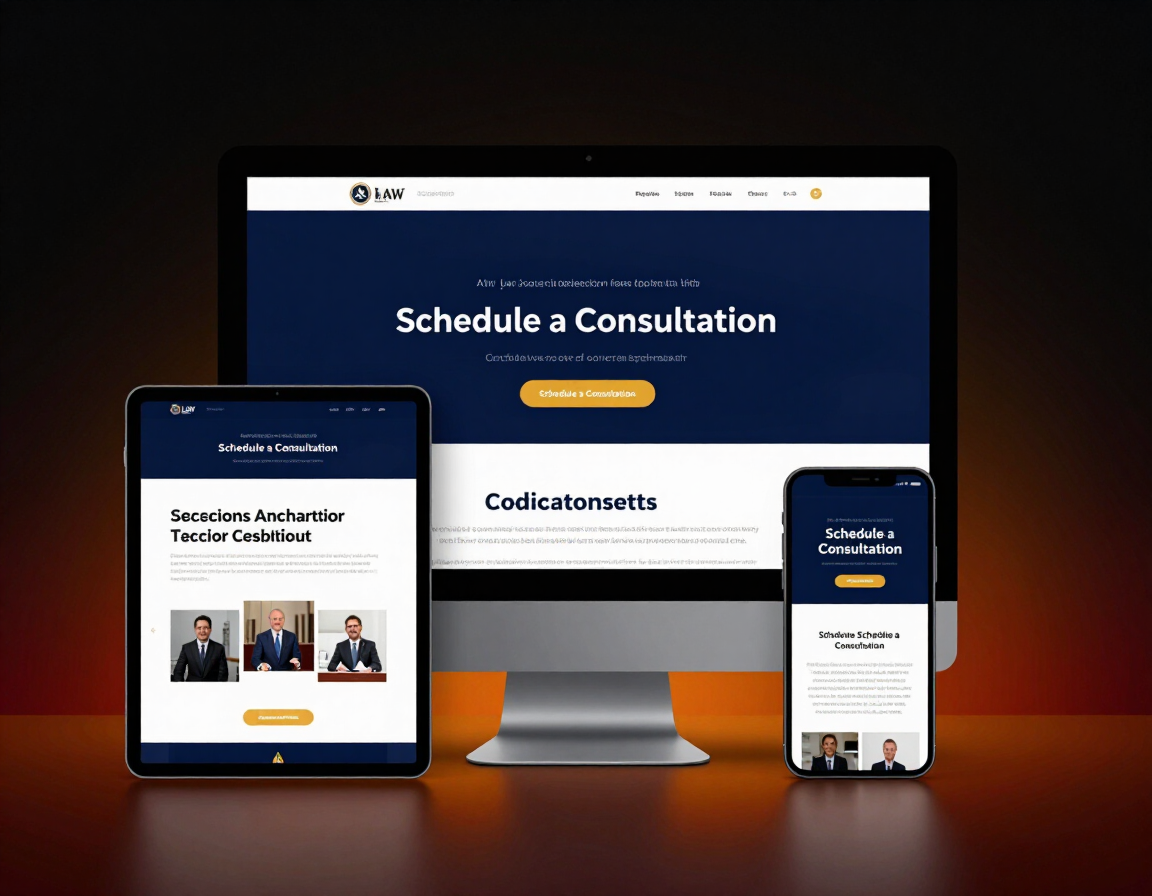 Professional law firm website displayed on desktop, tablet, and mobile devices