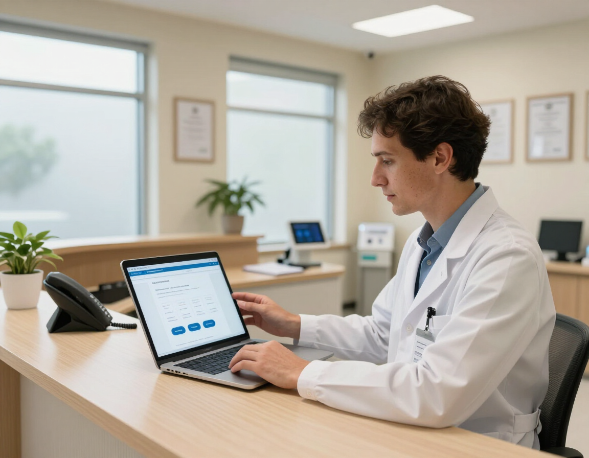 Healthcare provider reviewing a professional website on a device