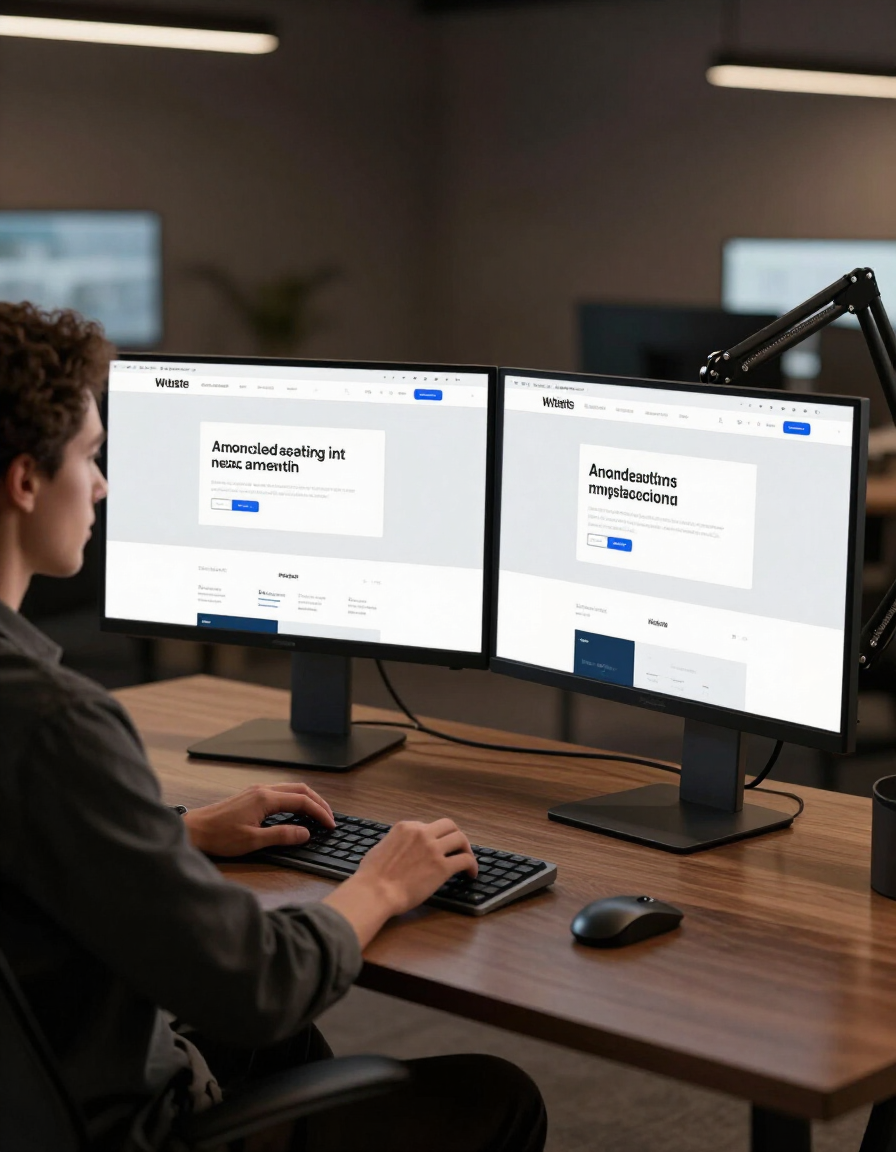 Professional web designer at a modern workstation with dual monitors showing a clean website layout