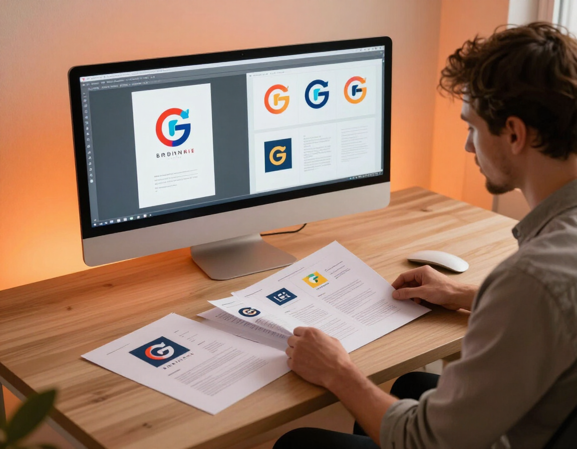 Designer reviewing logo concepts on a monitor with brand identity sheets