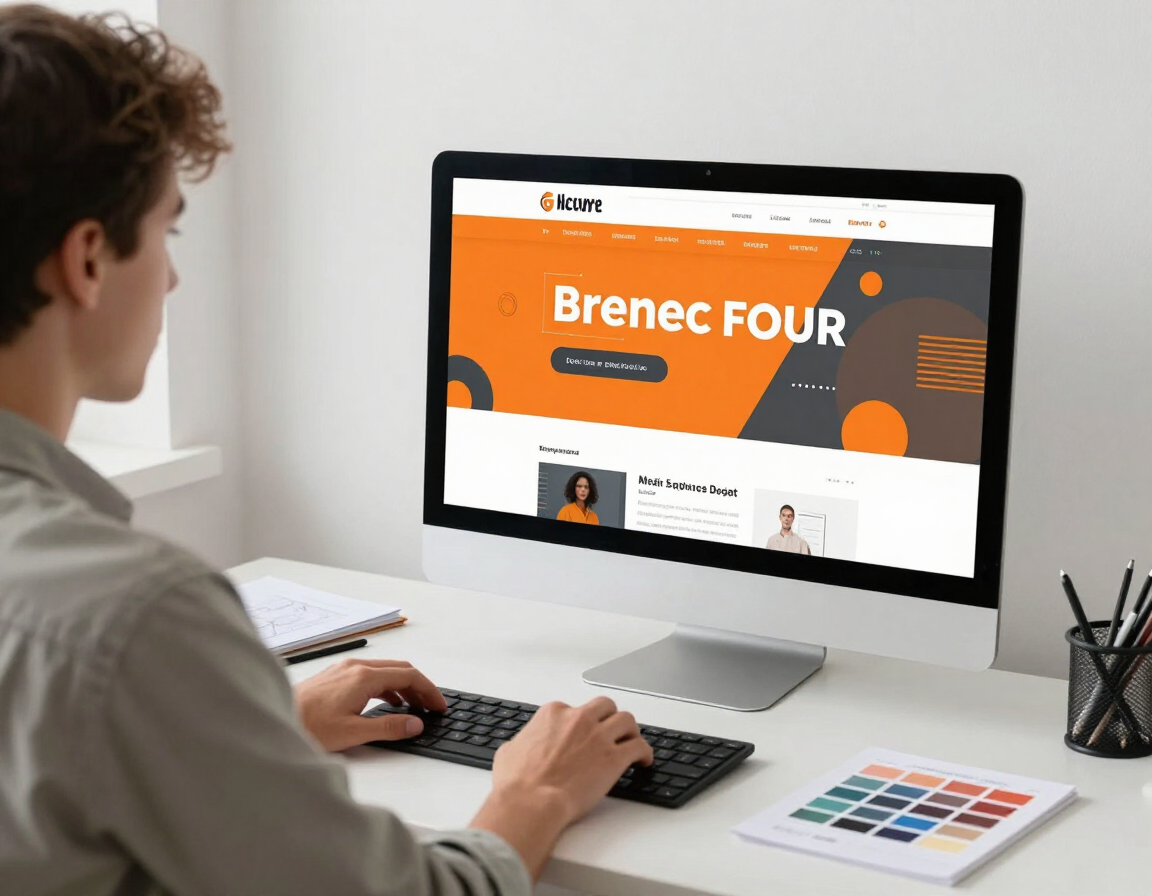 Designer working on branded website banner graphics in a design application