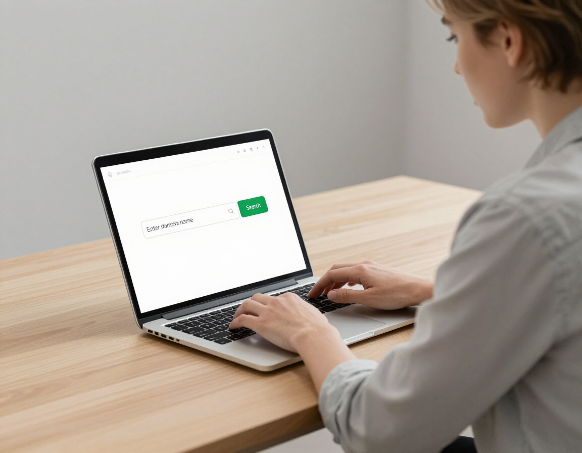 Person searching for a domain name on a laptop with a domain search interface on screen