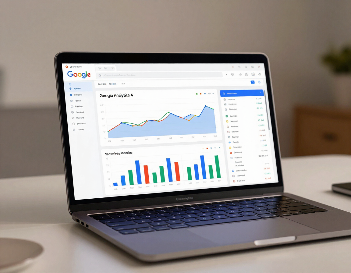 Google Analytics 4 dashboard on a laptop screen showing traffic charts and event data