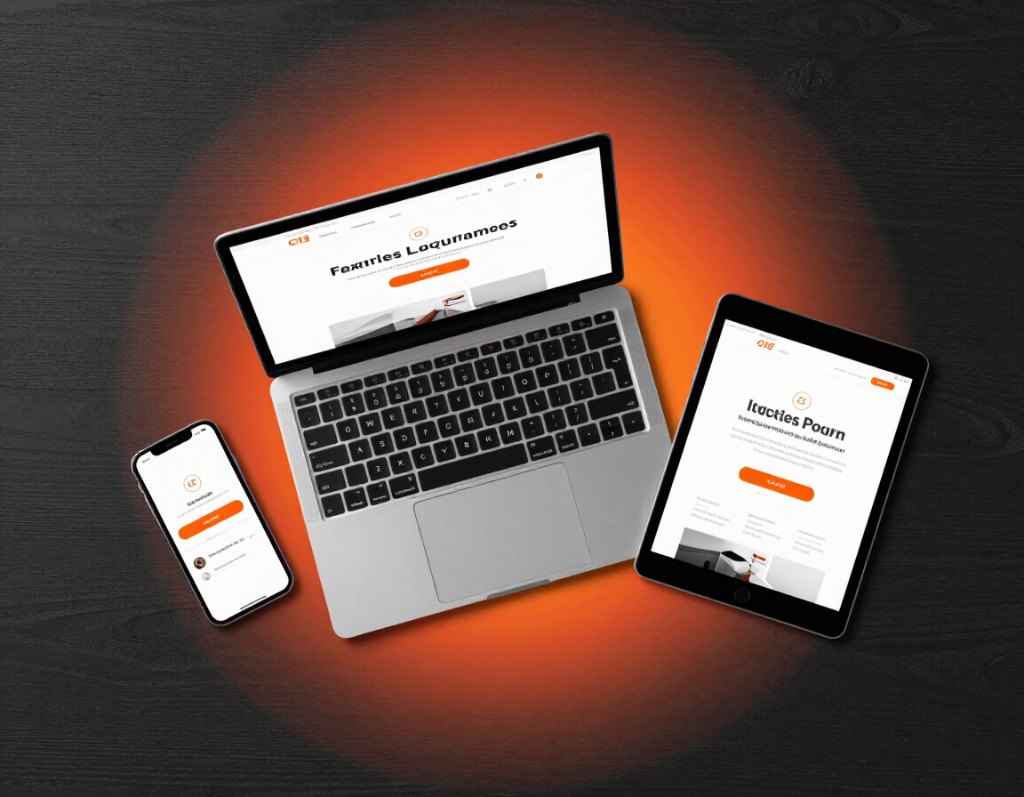 Professional landing page layouts on laptop, smartphone, and tablet