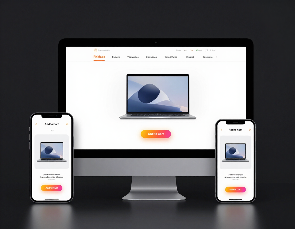 Multi-device ecommerce website mockup showing product page on desktop and mobile