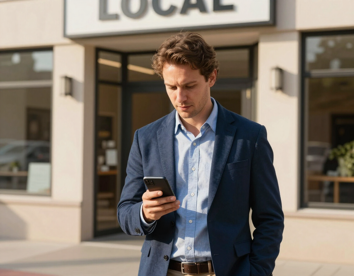 Local business owner reviewing website on smartphone