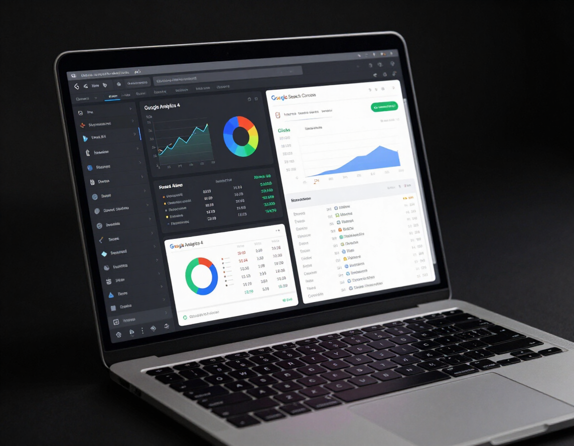 Google Analytics 4 and Search Console dashboard on dark laptop screen