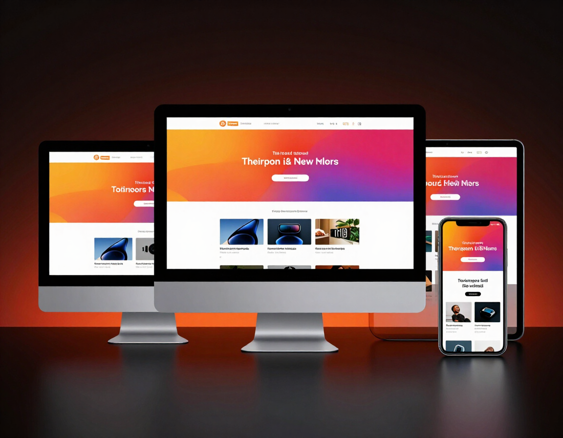 Professional multi-device website mockup on dark background with orange glow