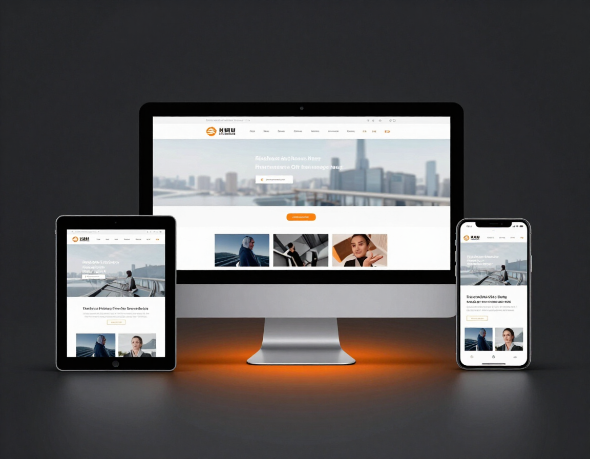 Multi-device website mockup showing desktop, tablet, and smartphone screens