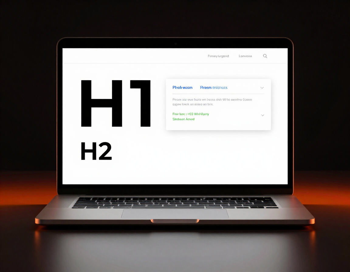 Laptop showing a website with SEO-friendly heading structure and search results snippet