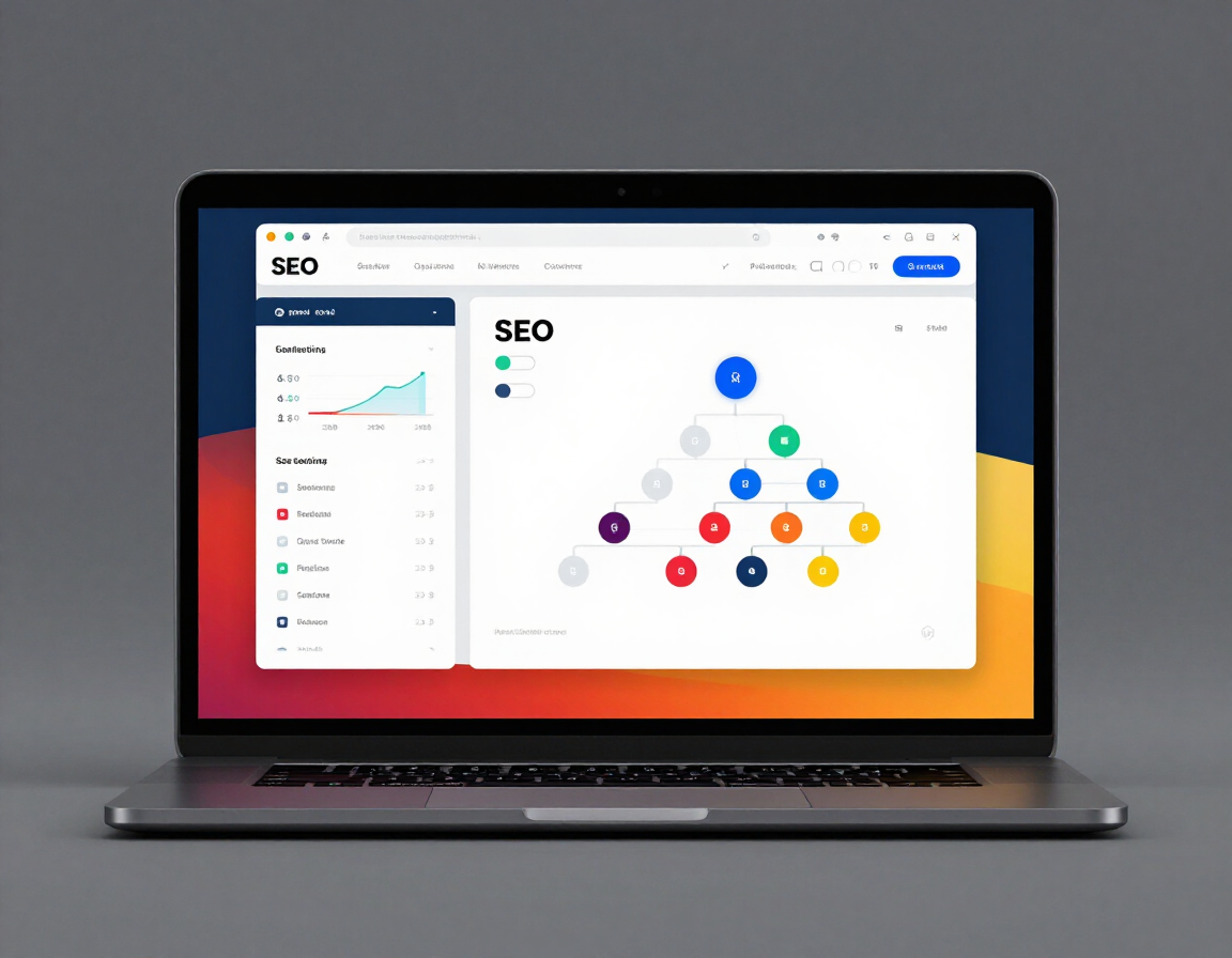 Laptop showing Kaboomasite platform dashboard with SEO settings and speed metrics