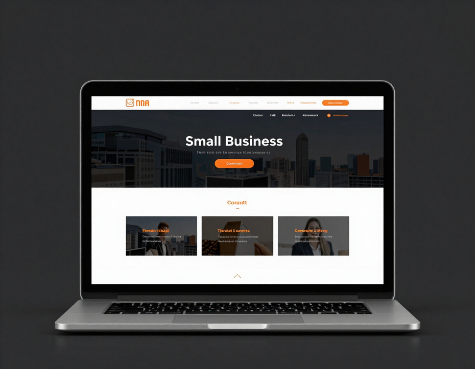 Modern laptop displaying a professional small-business website with orange accents