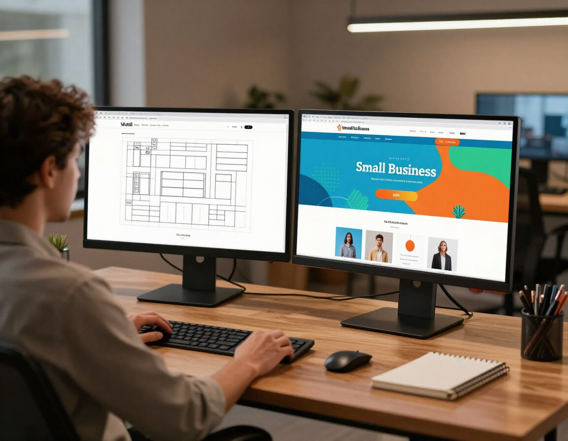Web designer working at dual-monitor setup with website wireframe and finished website