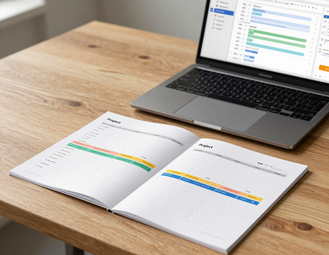 Project planning calendar and timeline on a professional desk