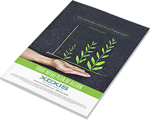 Business brochure with green plants sprouting from a hand on a dark background