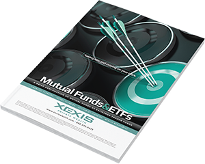 Marketing brochure titled “Mutual Funds & ETFs” in teal and black with darts hitting a target.