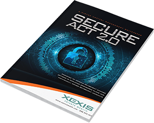 Book cover titled “Secure Act 2.0” with a glowing blue padlock and Xexis logo on a dark background