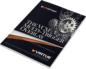 Book cover titled “The VCM Multi Trigger Overlay” with gears on a dark background and Virtue logo