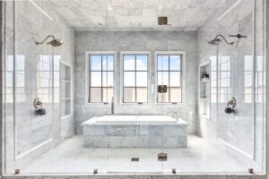 A bathroom with a tub , shower , and mirrors.