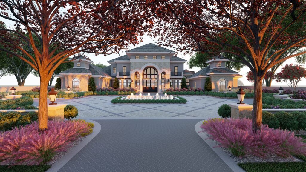 A large house with a large driveway leading to it surrounded by trees and bushes.