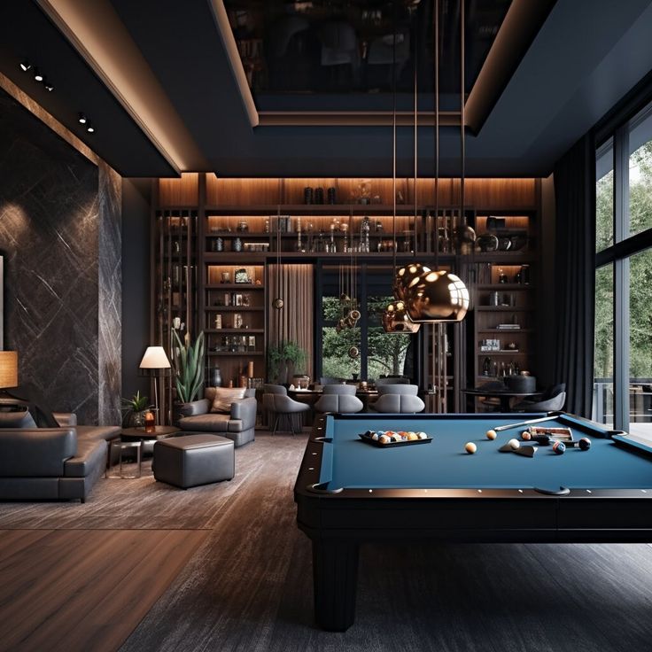 A pool table is in the middle of a living room