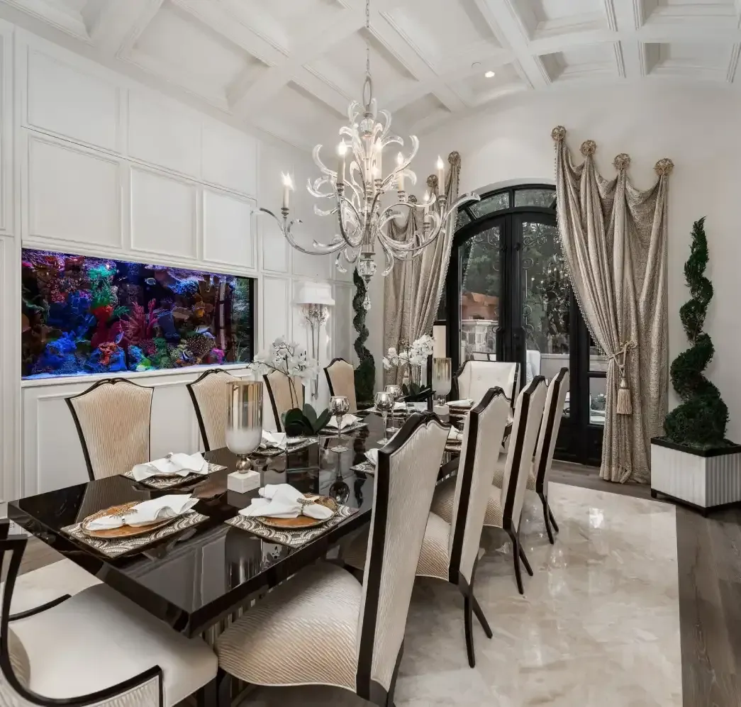 Barrel vaulted ceiling in dining room