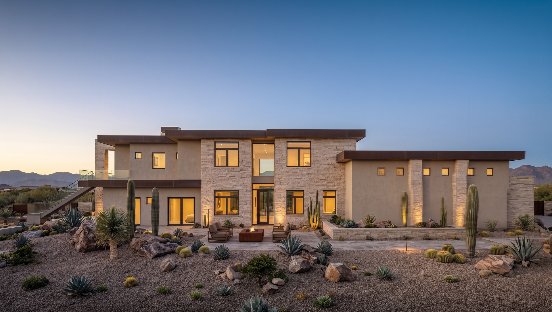 Modern two-story desert house at dusk with warm lit windows and a rocky front yard