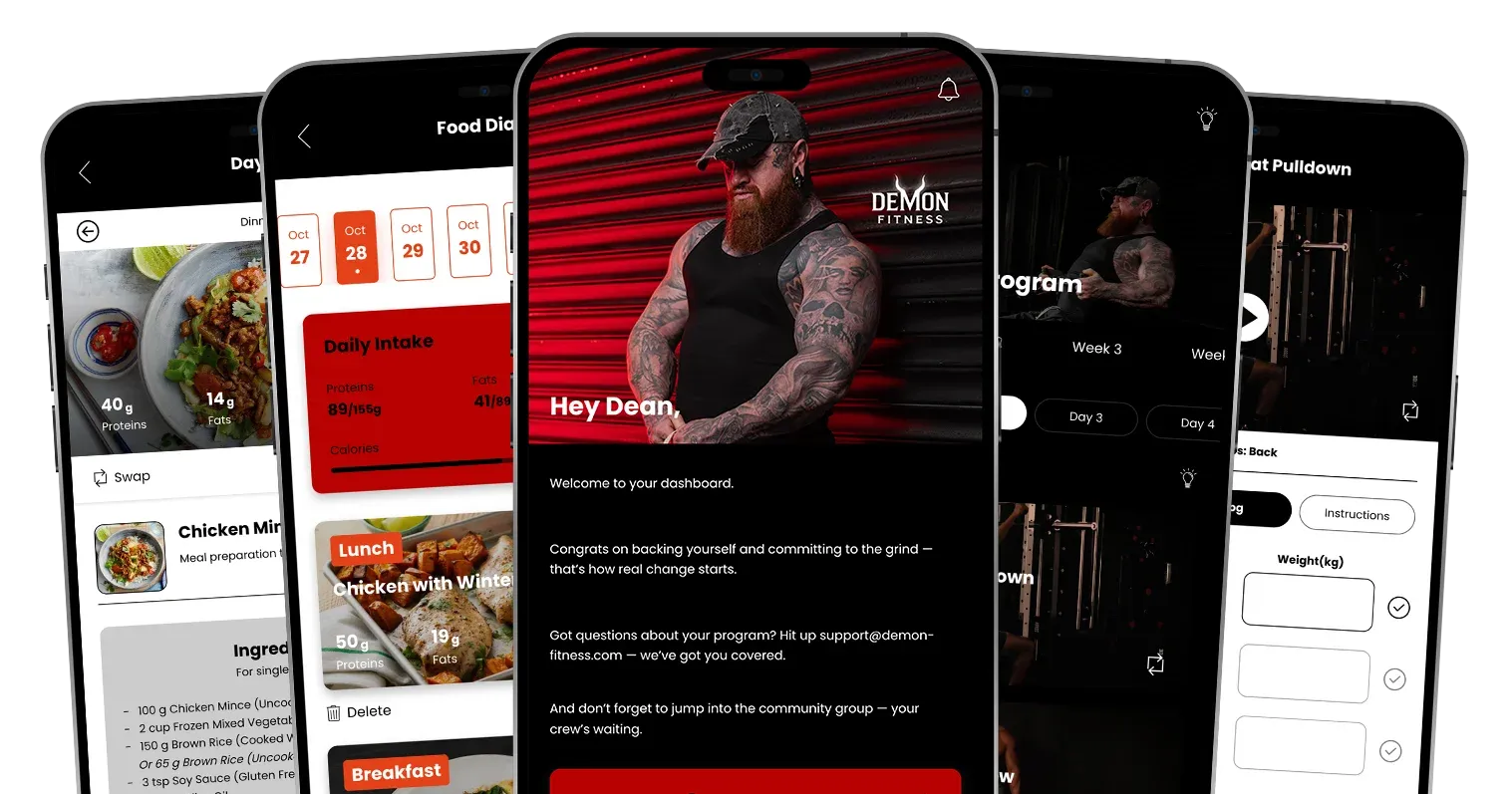 Five mobile phones displaying Demon Fitness app interface. Featuring meal plan and workout plan screens.