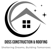 Logo: house roof with a curved crescent. "Doss Construction & Roofing". "Sheltering Dreams, Building Tomorrows".