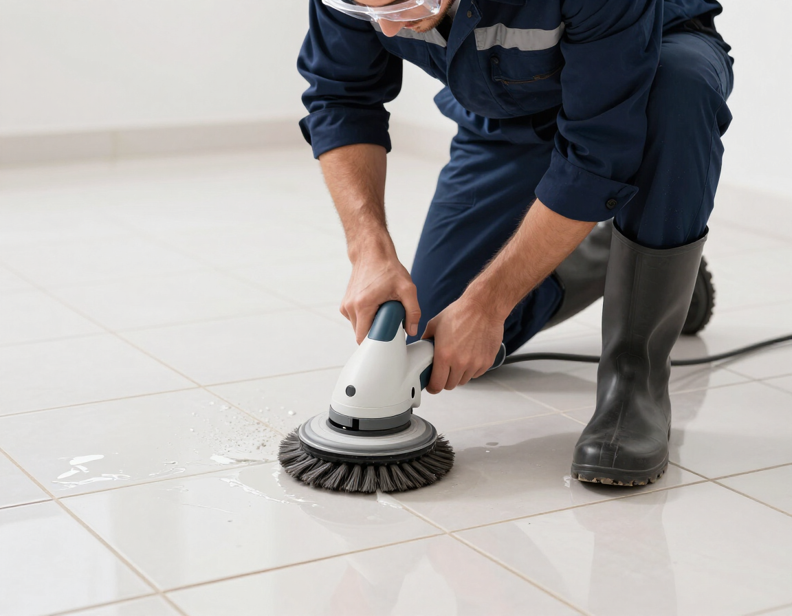 Worker in dark blue coveralls cleaning a white tiled floor with a floor scrubber and black boots.