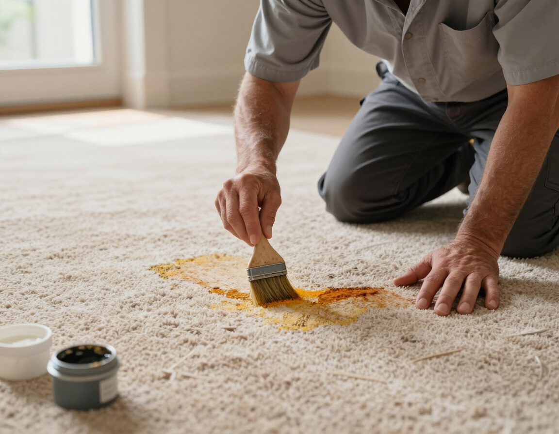 Technician applying dye to a bleached carpet spot