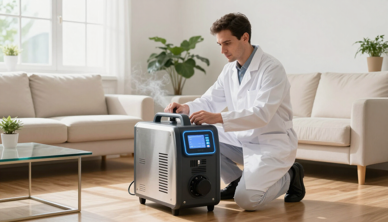 Technician applying enzyme pre-treatment before an ozone odor treatment