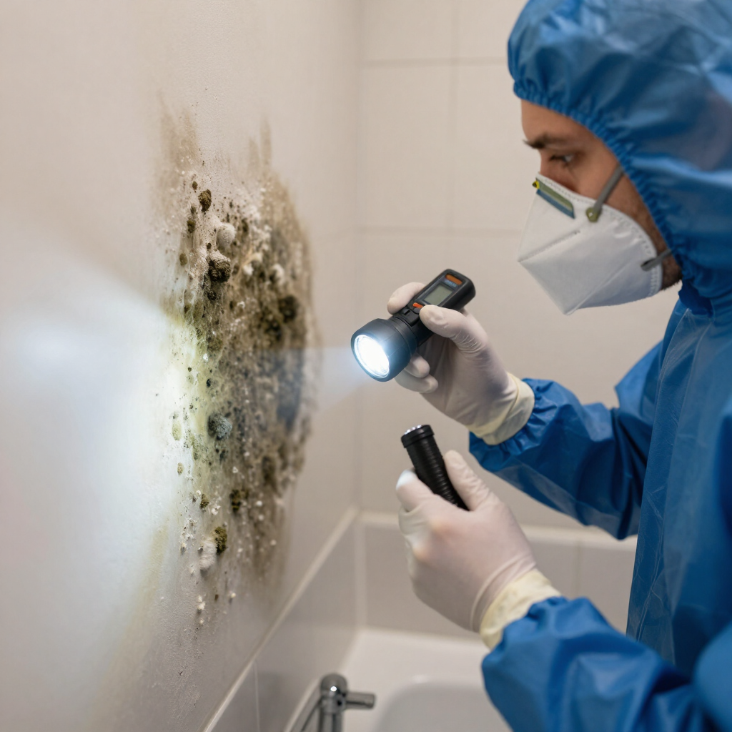 Inspector using a moisture meter to check drywall for hidden mold