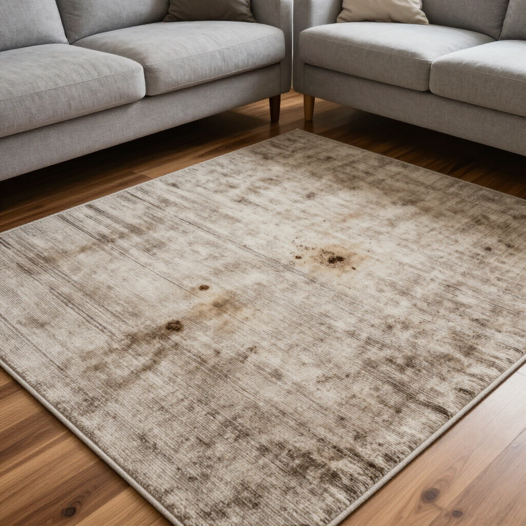Beige rug on a wood floor between two gray sofas in a living room