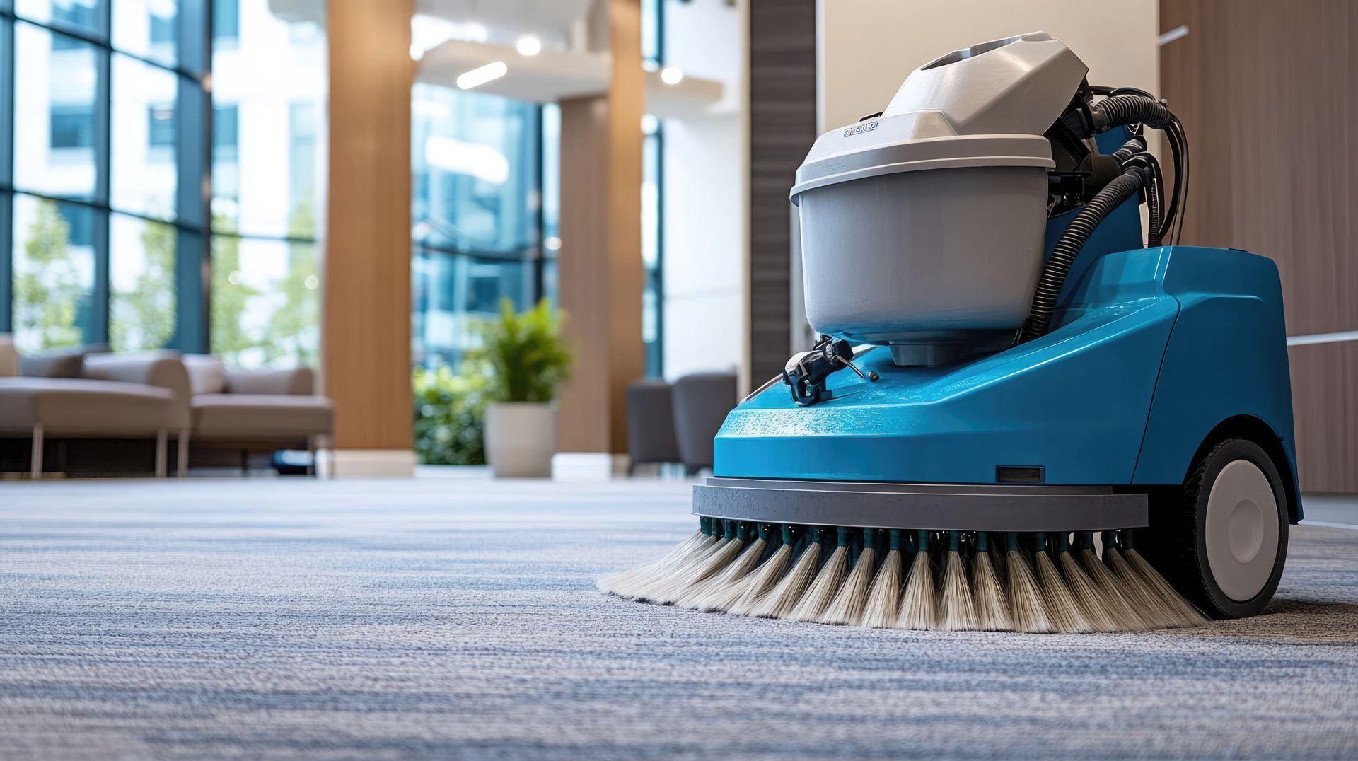 Blue robotic floor scrubber cleaning a carpeted office lobby with windows in the background